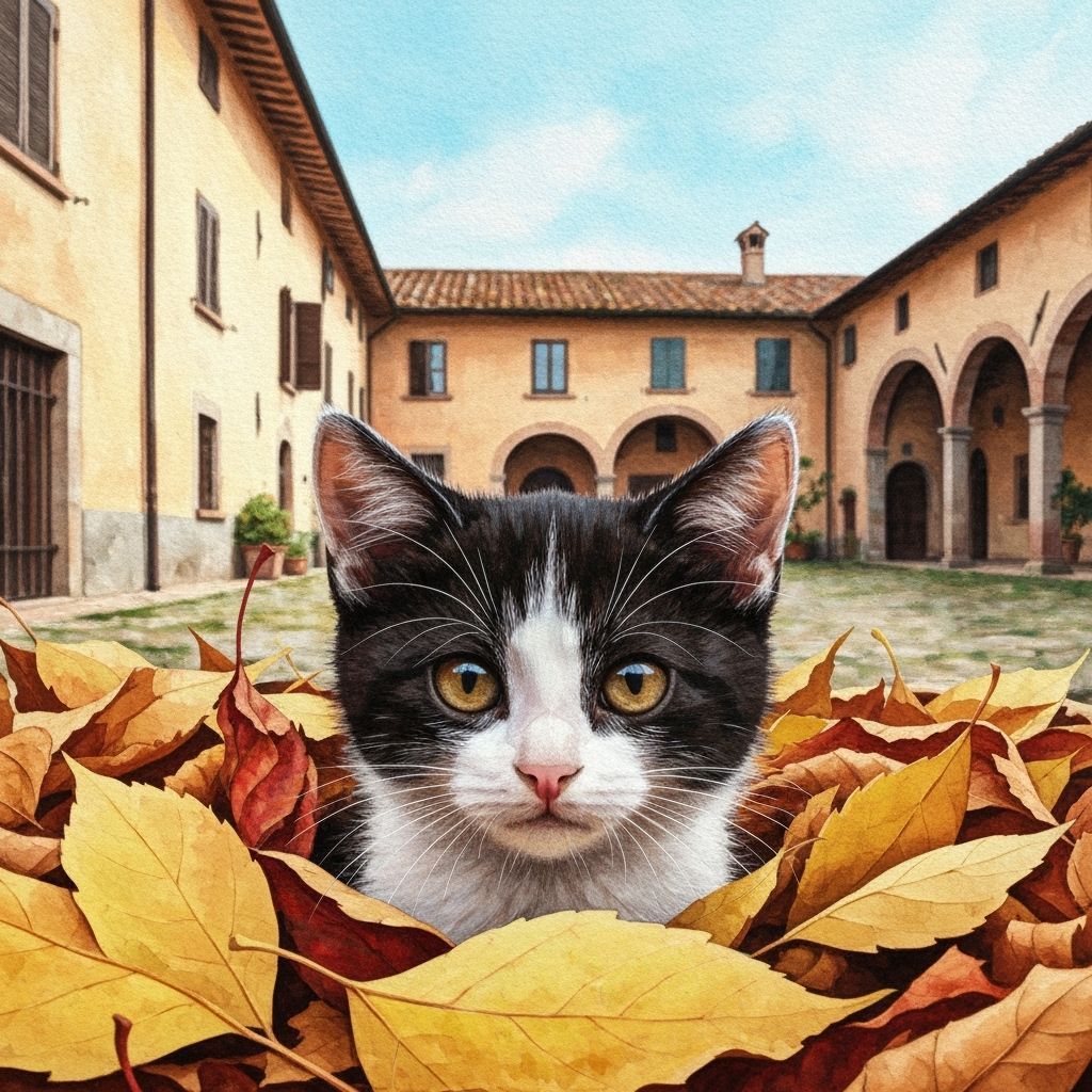 Cute Kitten Peeking Through Autumn Leaves in Gouache Style