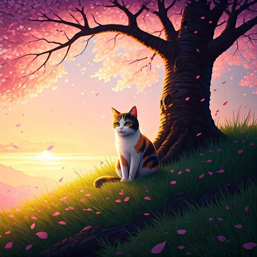 Calico Cat Under Sakura Tree at Sunset in Splash Art