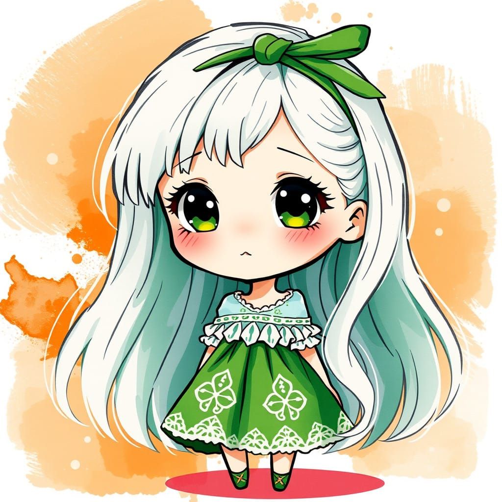Whimsical Chibi Girl in Emerald Green Dress