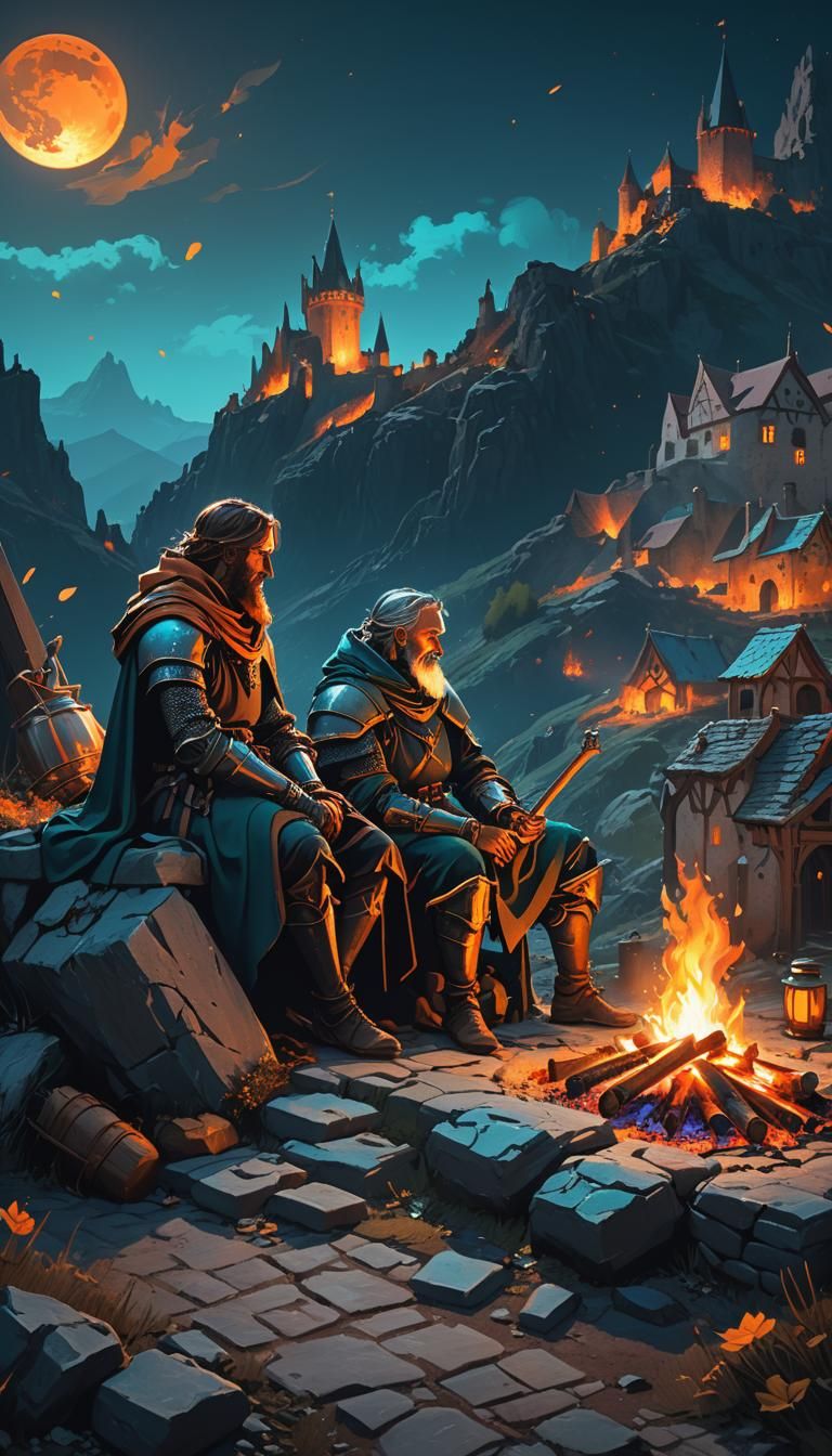 Knight and Wizard Bonfire at Night, Hyperdetailed Art