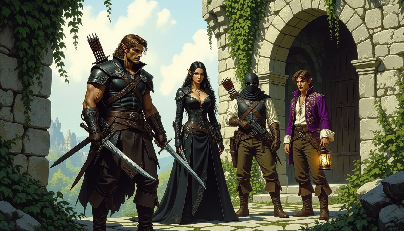 Fantasy Explorers in Ruined Castle, Dramatic Lighting