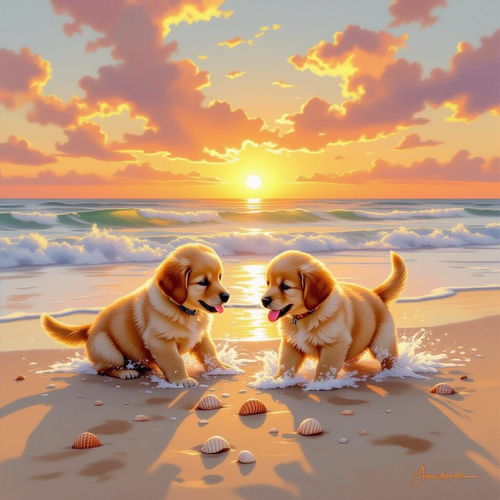 Golden Retriever Puppies Frolic on Sunset Beach
