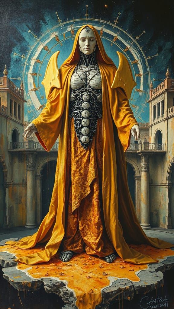 Synthetic Prophet Rises from Golden Sap in Mixed Media