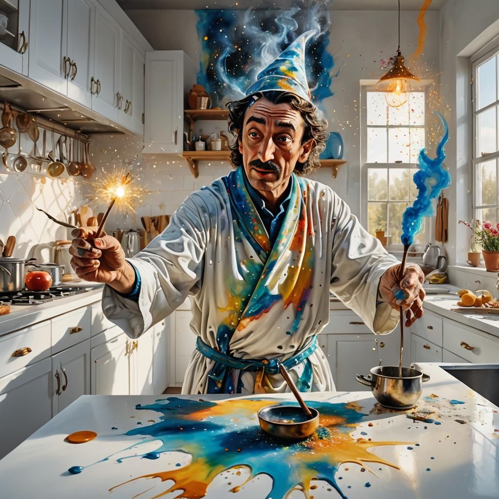 Wizard Creates Furniture in Surreal Oil Painting
