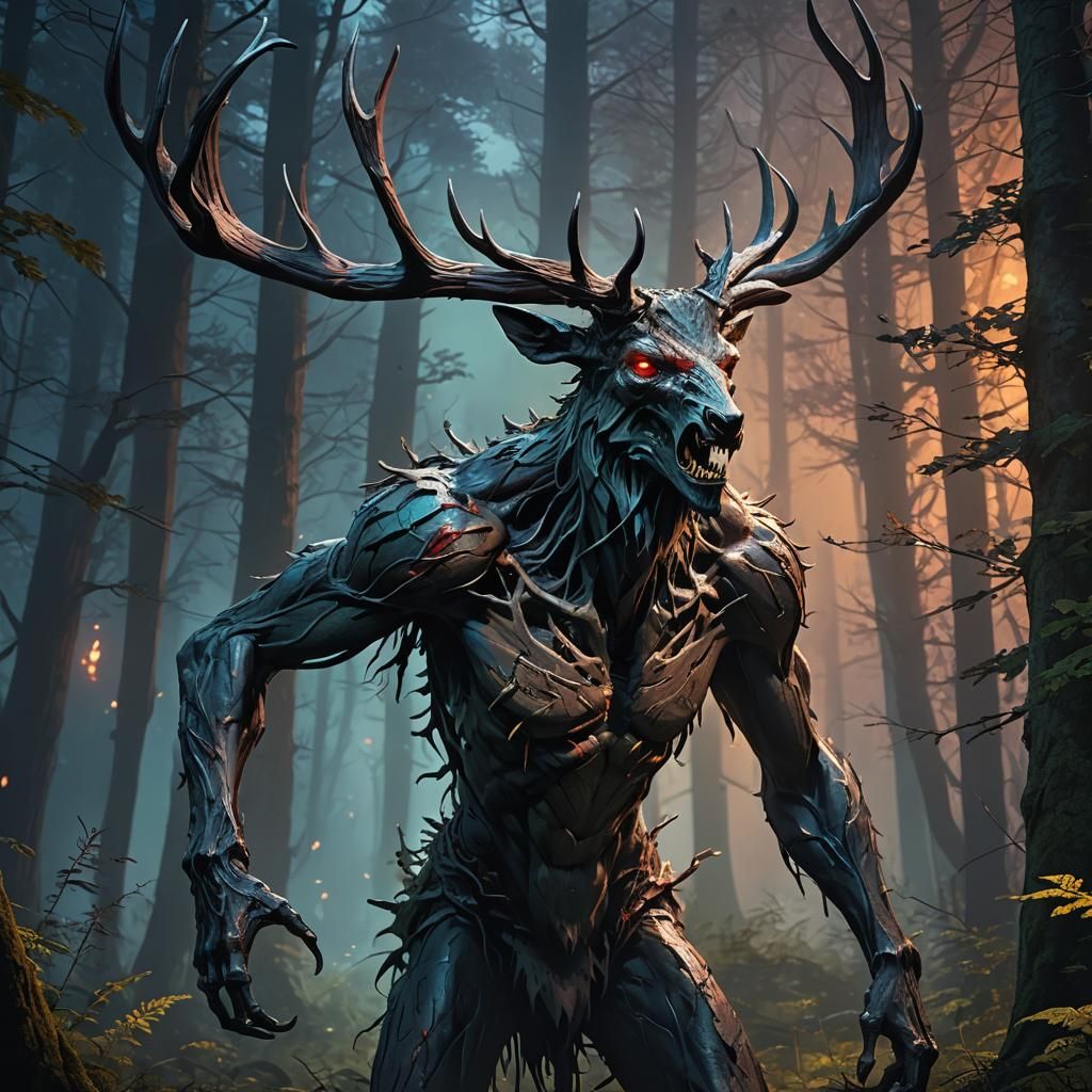 Hyperrealistic Wendigo in a Forest at Night