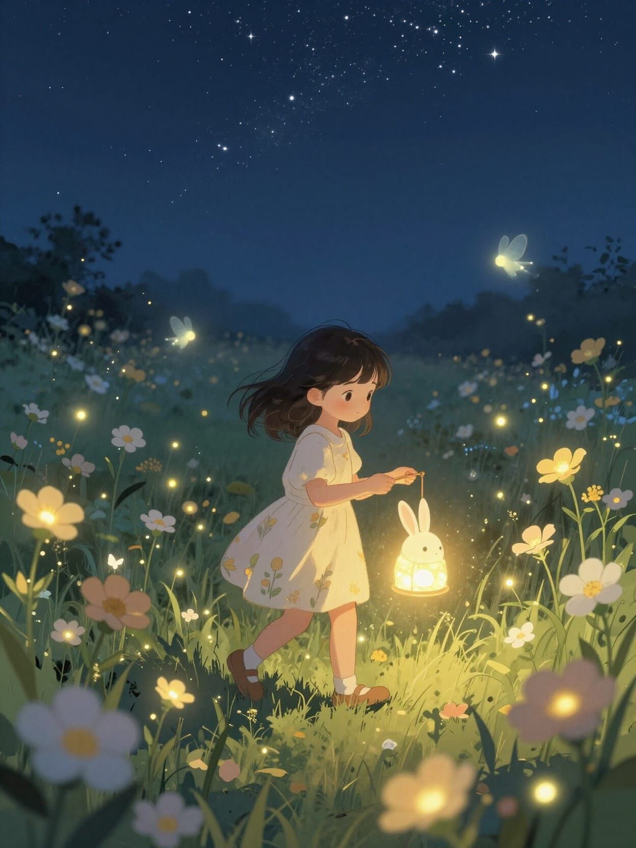 Girl Holding Glowing Rabbit Lantern in Starry Field
