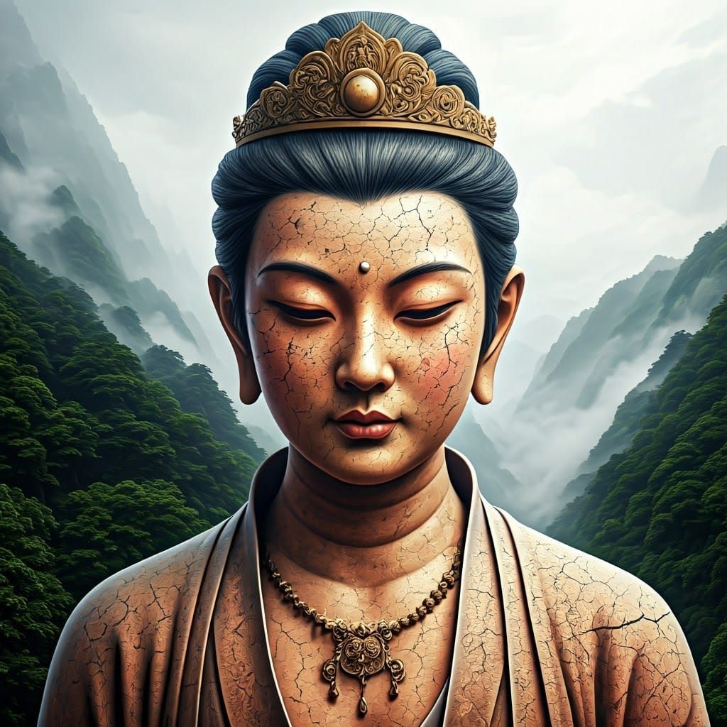 Ethereal Chinese Goddess in Weathered Terracotta, Surrounded...