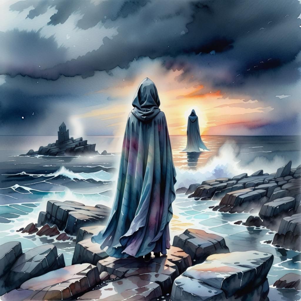 Hooded Ghost at Stormy Sunset: Watercolor Illustration