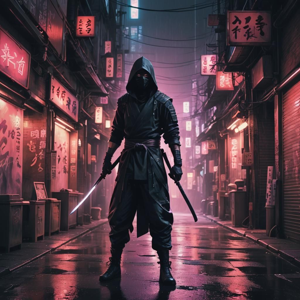 Neon Alleyway Ninja Concept Art in Watercolor Style