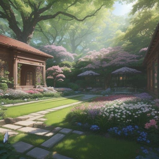 Surreal Garden Oasis in Whimsical Anime Style
