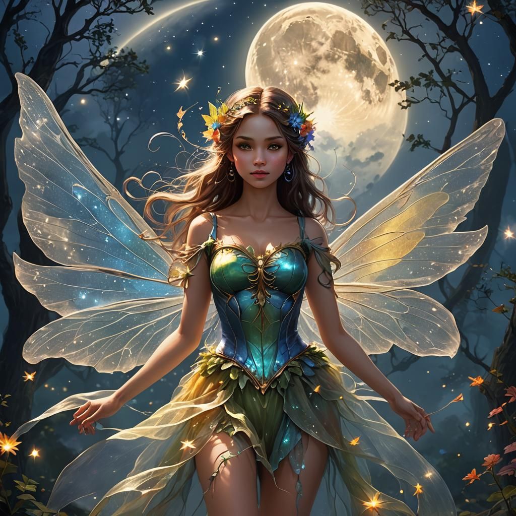Female Fairy with Gossamer Wings in Moonlight