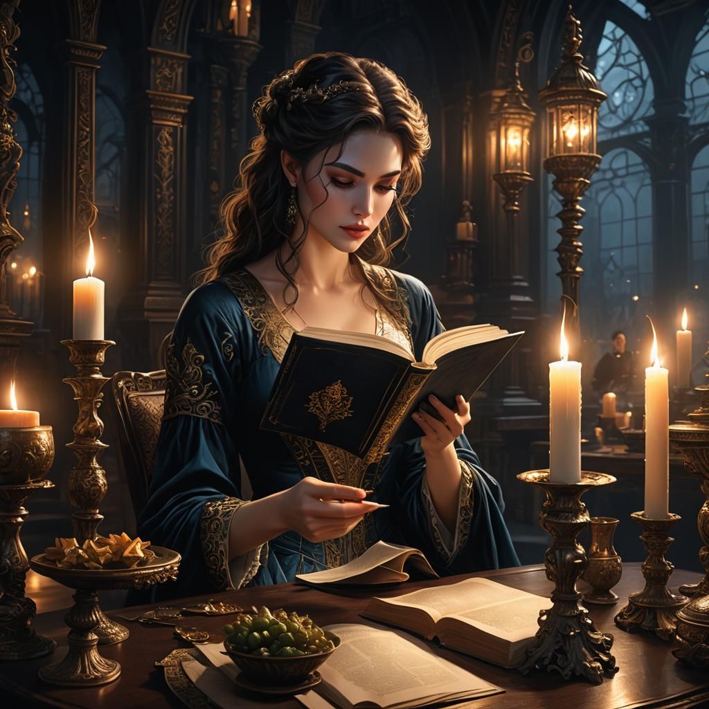 Woman Reading by Candlelight, Detailed Fantasy Illustration