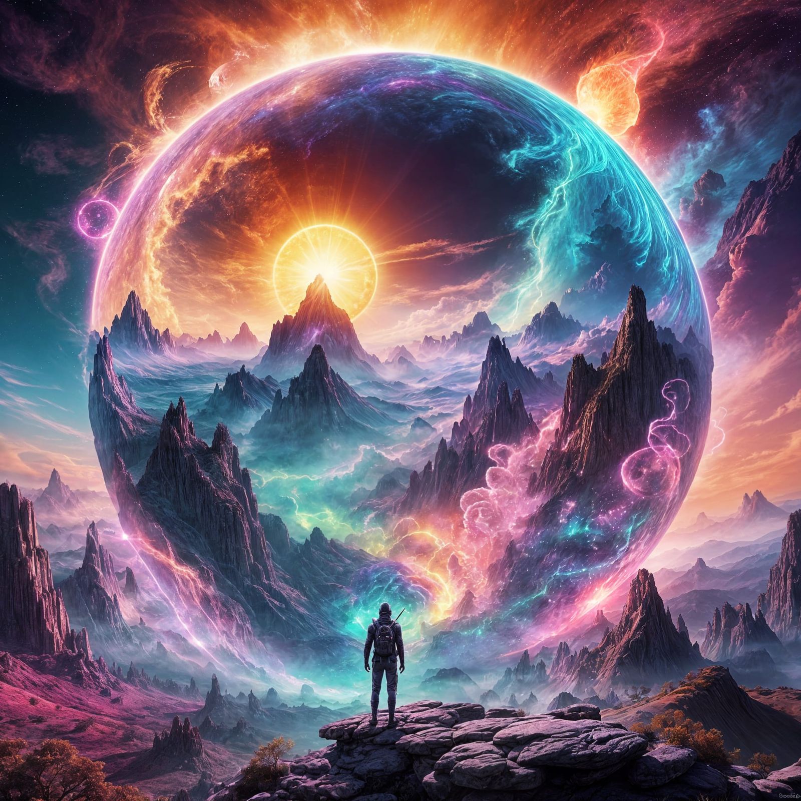 Epic Cosmic Landscape with Divine Creatures in 3D