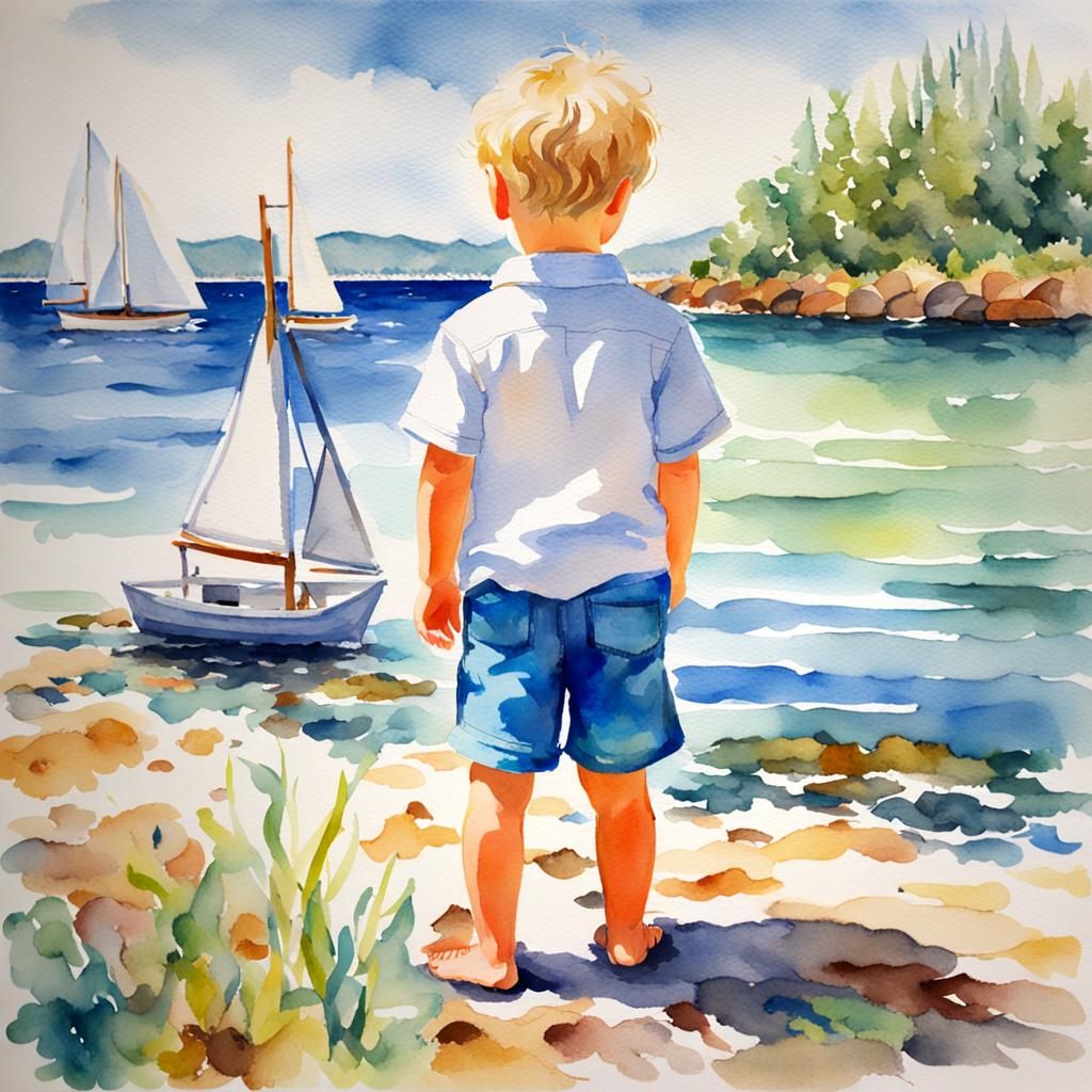 Watercolor Boy Sails Paper Boat in Monet Style