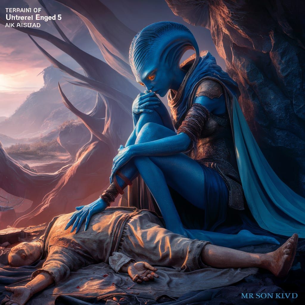 A blue skinned female alien with golden eyes weeps over the ...