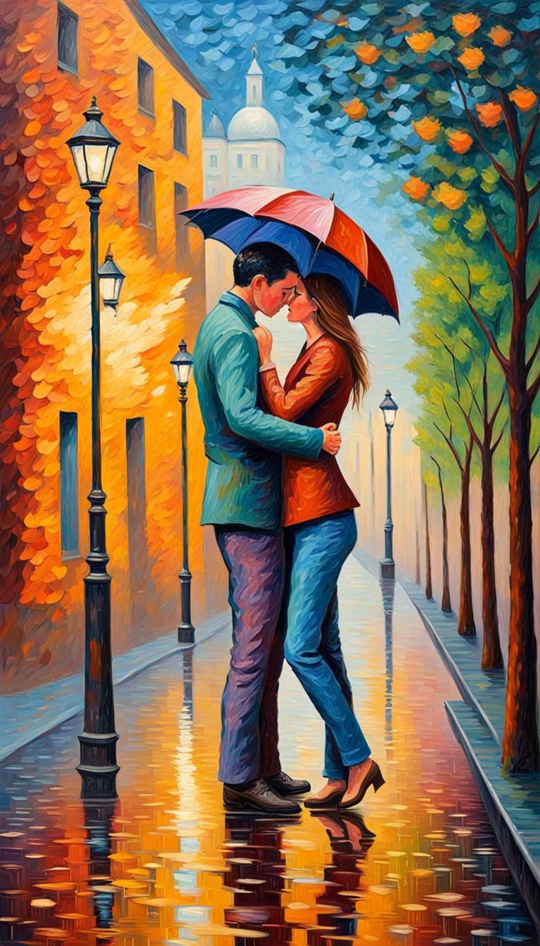 Romantic Couple Kissing in Rainy, Expressionist Oil Painting