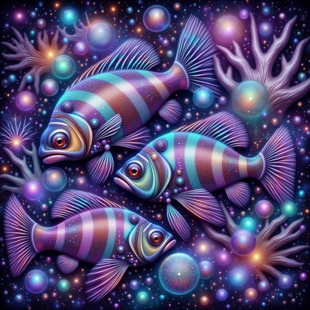 Glowing Iridescent Fish in Shimmering Glass Coral Reef