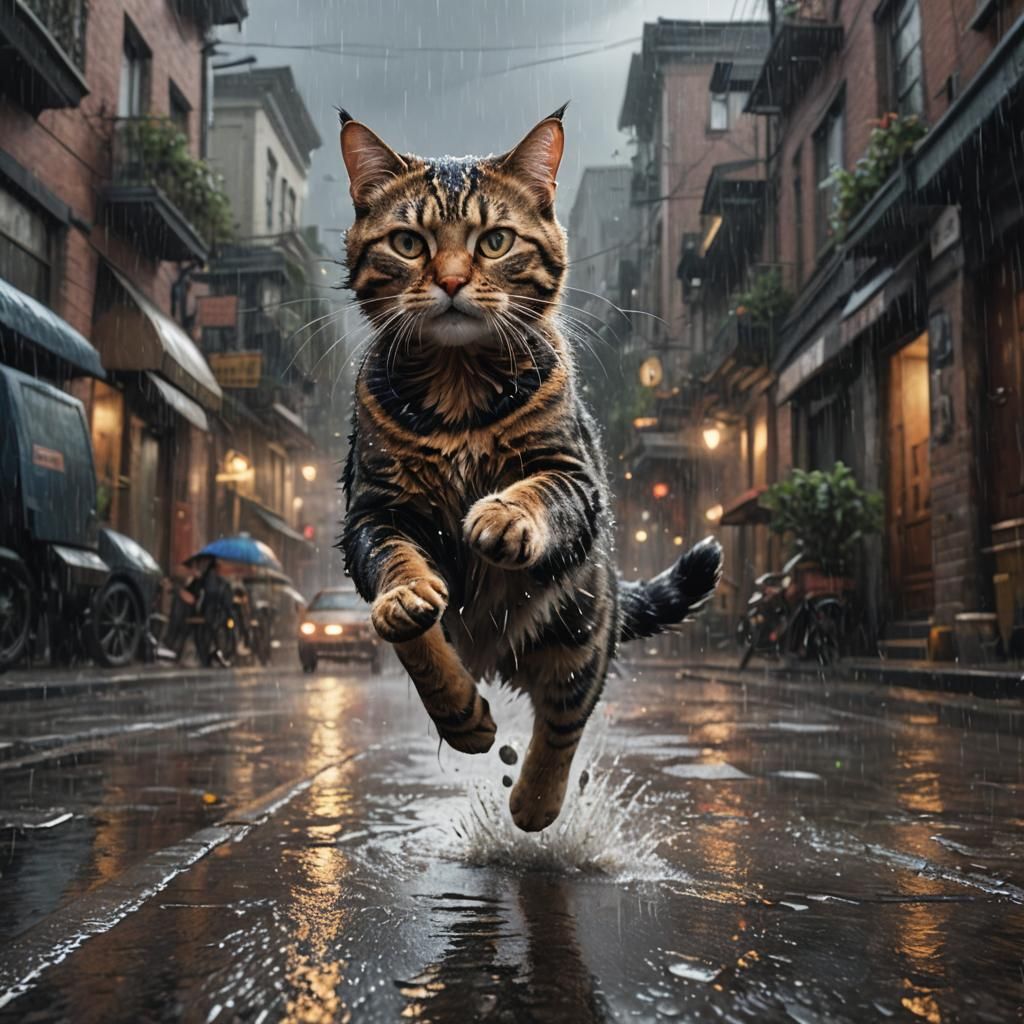 Cat Running in Rain: Detailed Digital Painting