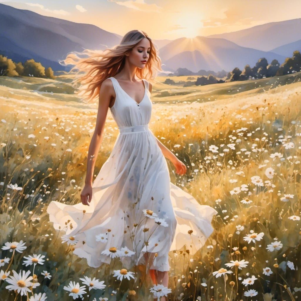 Woman in Daisy Field, Watercolor and Gouache Style