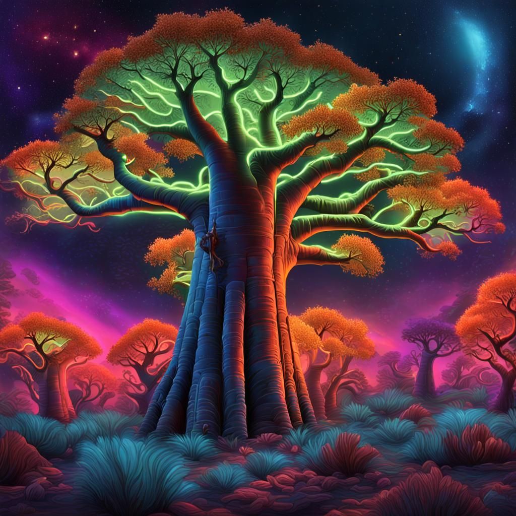 Photorealistic Neon Baobab Forest in Outer Space
