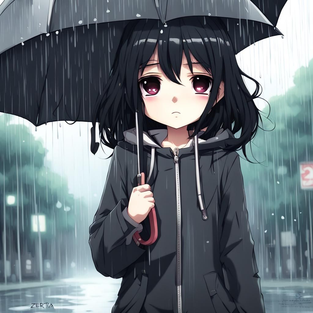 Sad Chibi Girl Walking in Rainy Anime Style
