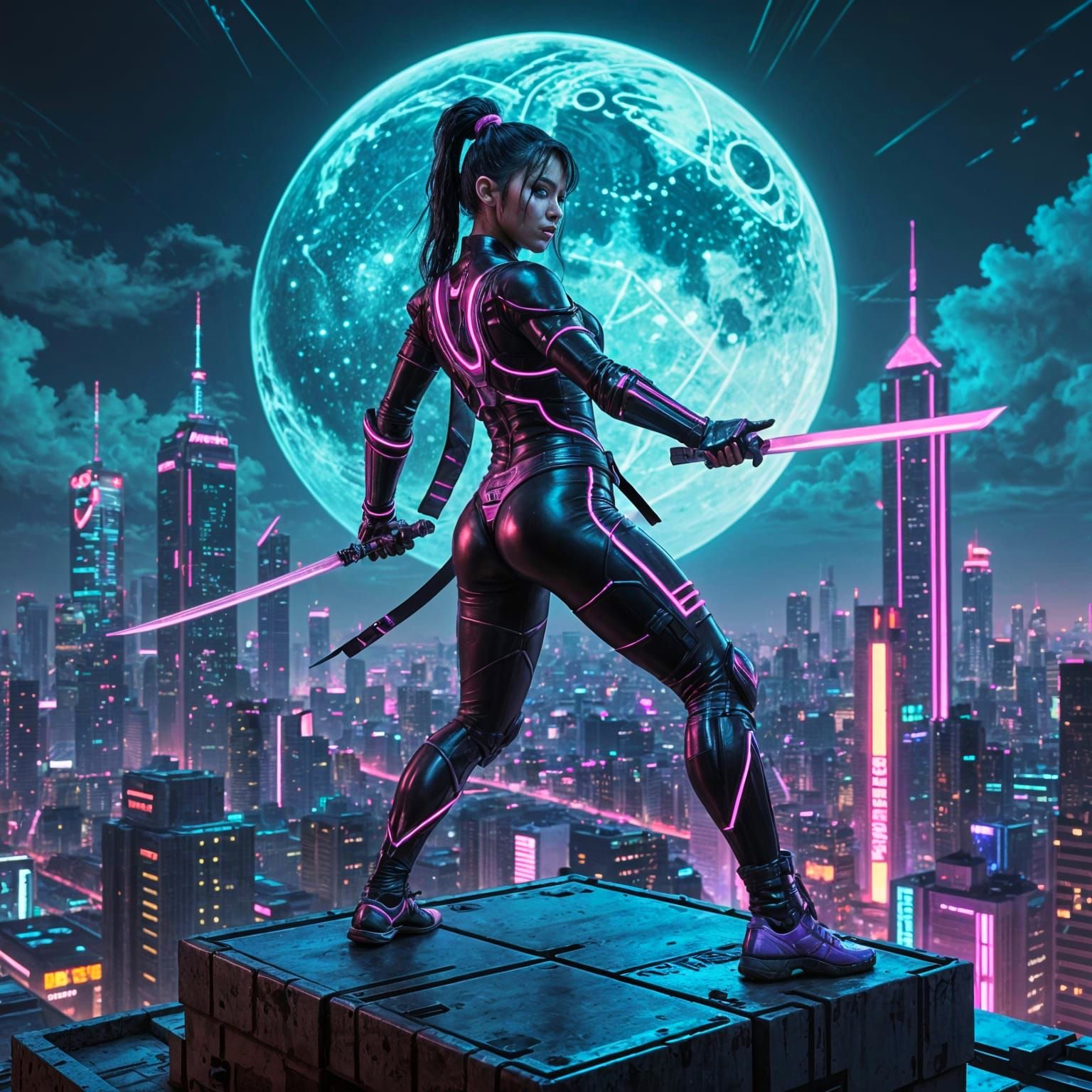Cyberpunk Martial Arts Princess on Neon Rooftop