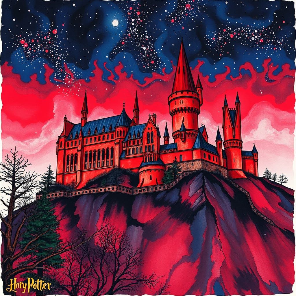 Elegant Red Hogwarts Castle in Vibrant, Expressive Ink Style