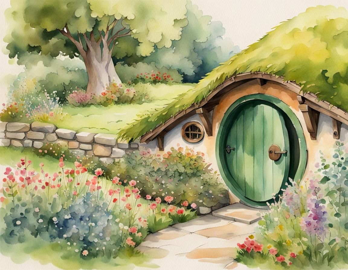 Charming Watercolor Hobbit House with Green Door