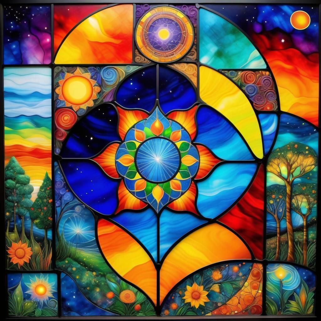 Stained Glass Abstract: Trees, Sun, and Tea Fields