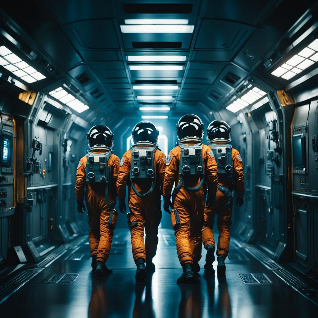 Cinematic Film Still of Spaceship Crew in Corridor