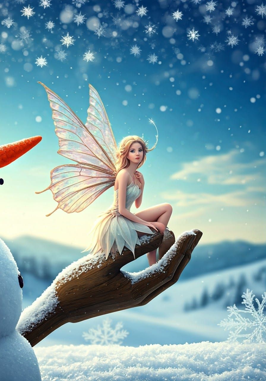 Winter Faerie on a Snowman's Hand in Cyberpunk-Inspired Real...