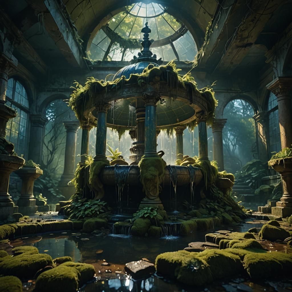 Abandoned Bathhouse Fountain in Overgrown Ruins