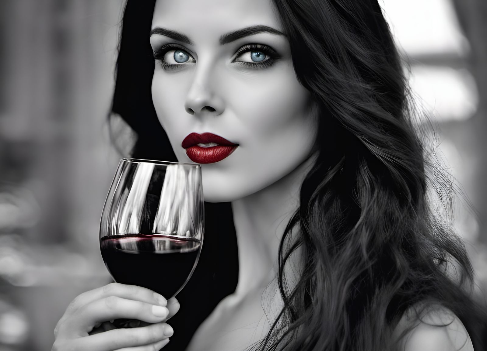 Elegant Woman with Red Wine in Hyperrealistic Style