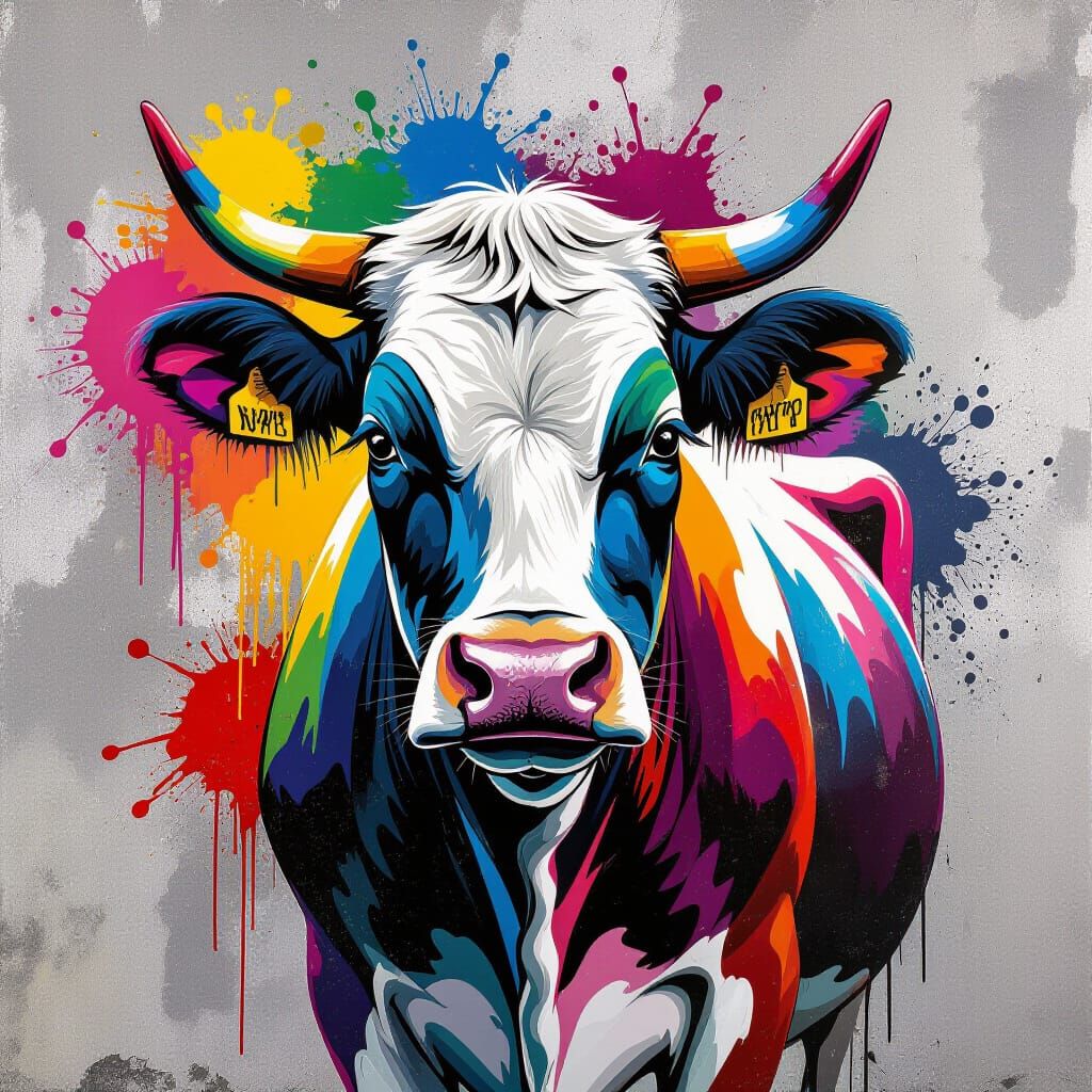 Vibrant Polychromatic Graffiti Cow Splash Art