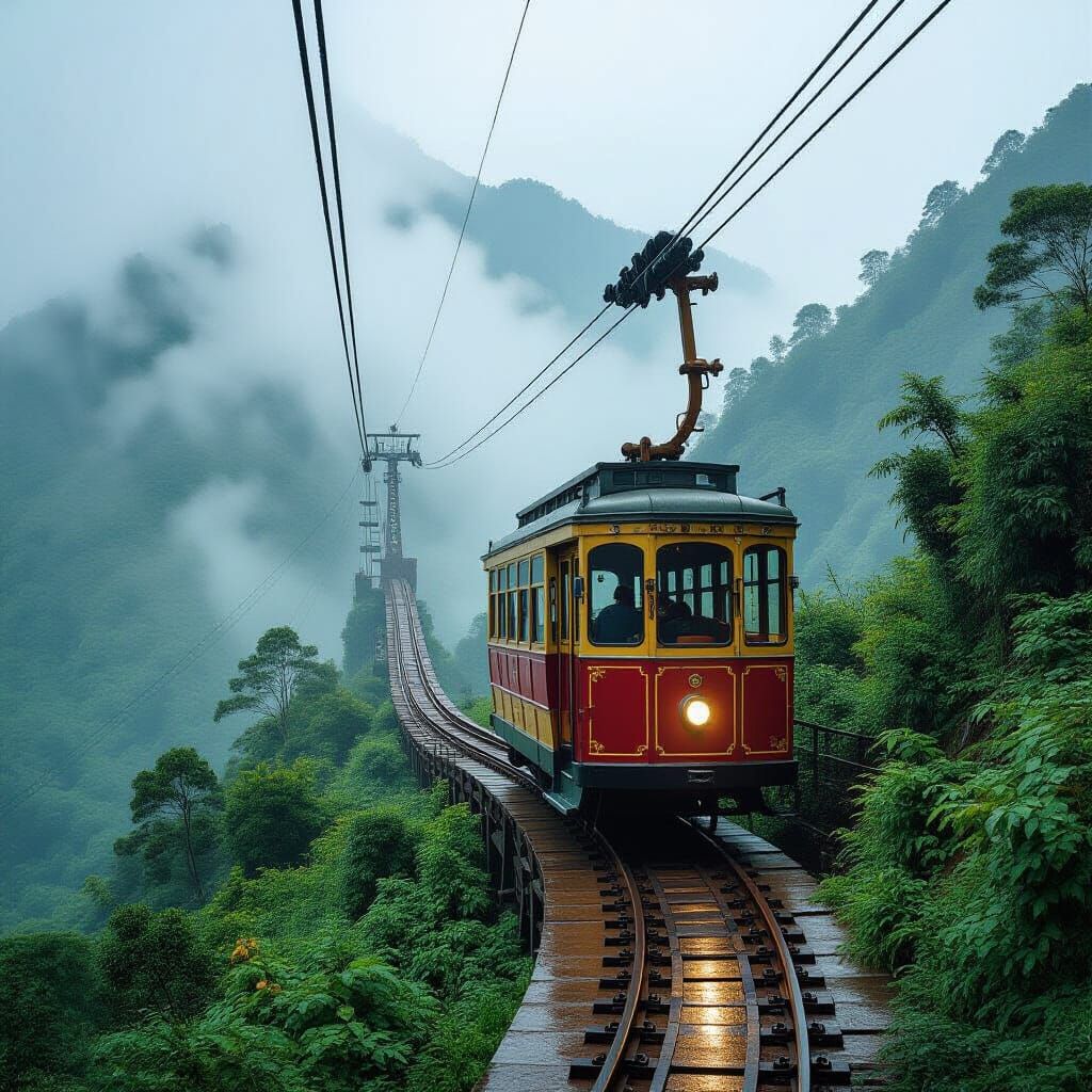 Vintage Cable Car on Misty Mountain Path