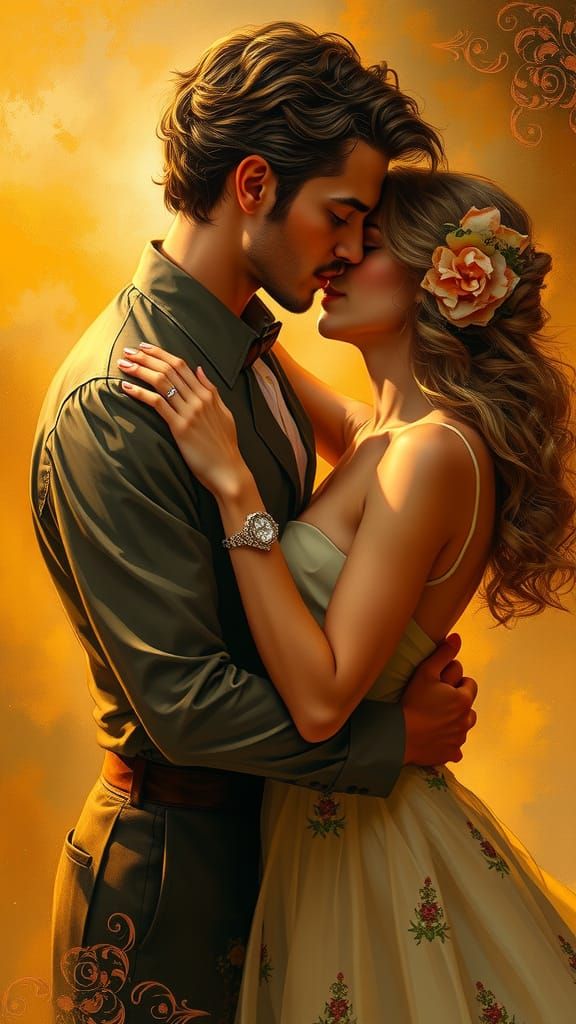 Romantic Embrace in Art Nouveau Style