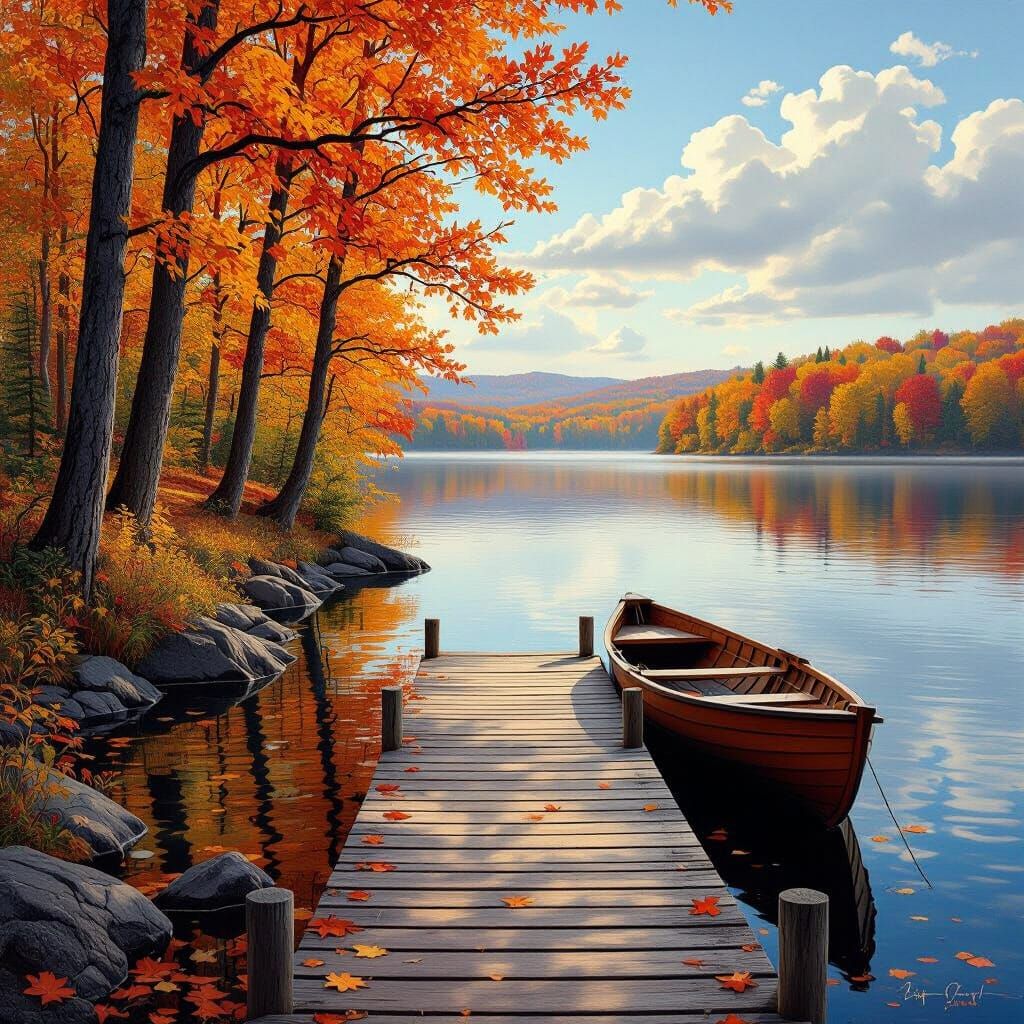 Serene Autumn Lake Scene with Wooden Boat
