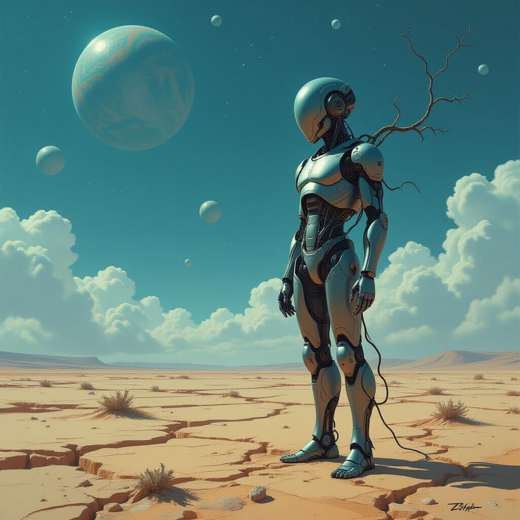 Weathered Cyborg on Alien Plain, Dark Surrealism Style