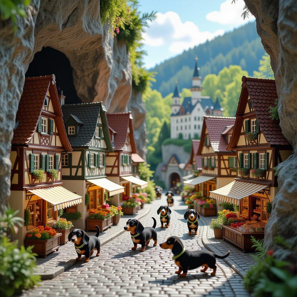 Miniature German Dachshund Town in Whimsical Style