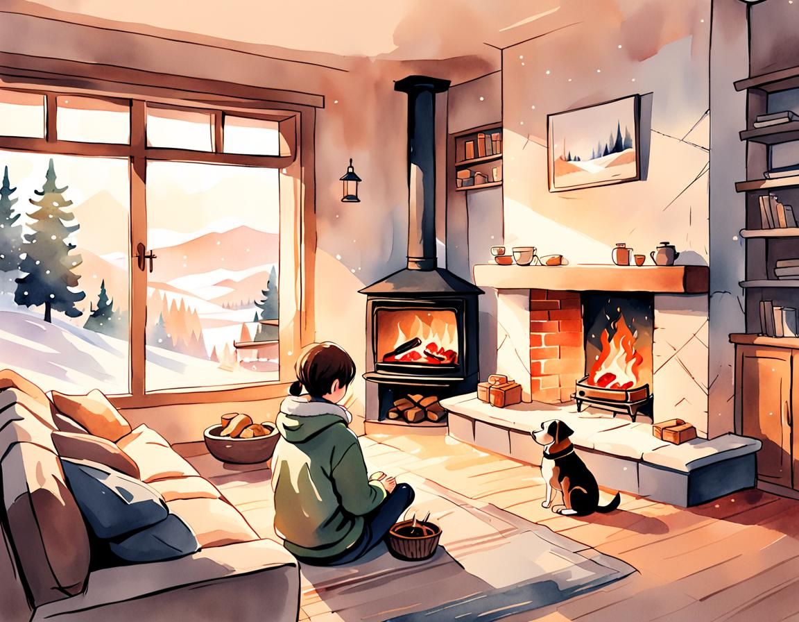 Cozy Watercolor: Person and Dog by Fireplace
