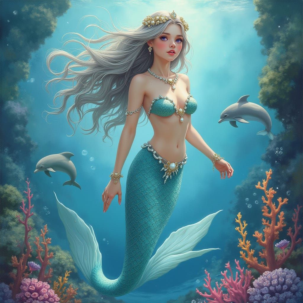 Bioluminescent Mermaid in Coral Reef, Dreamy Watercolor