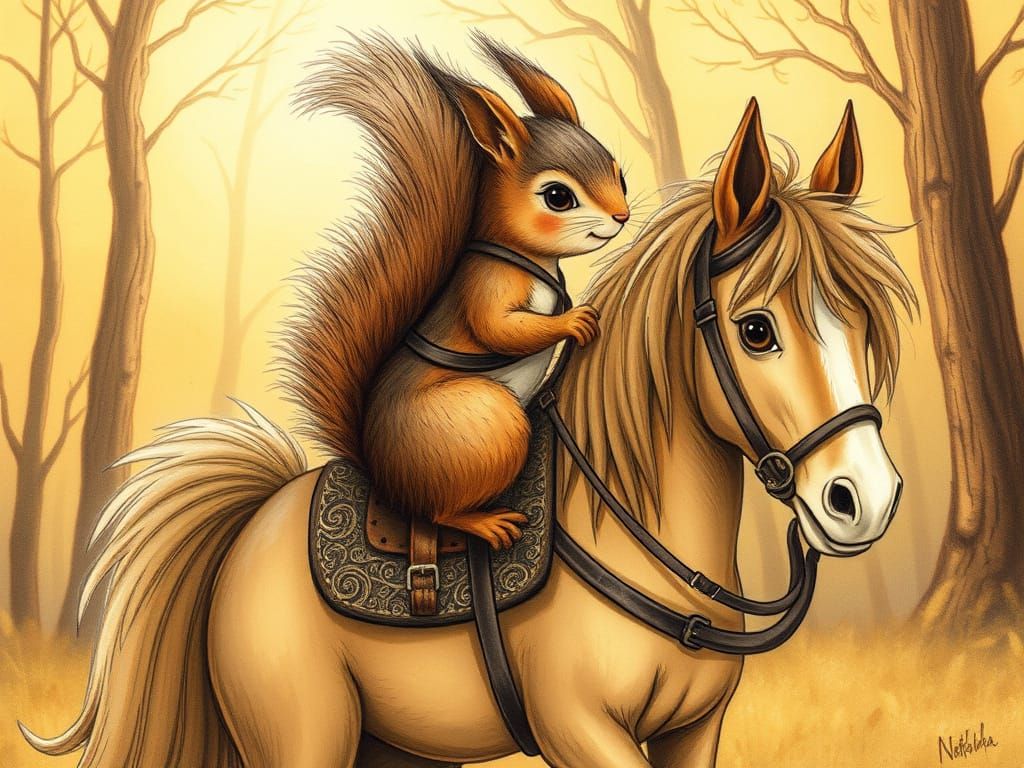 Squirrel Riding Majestic Pony in Whimsical Forest Scene