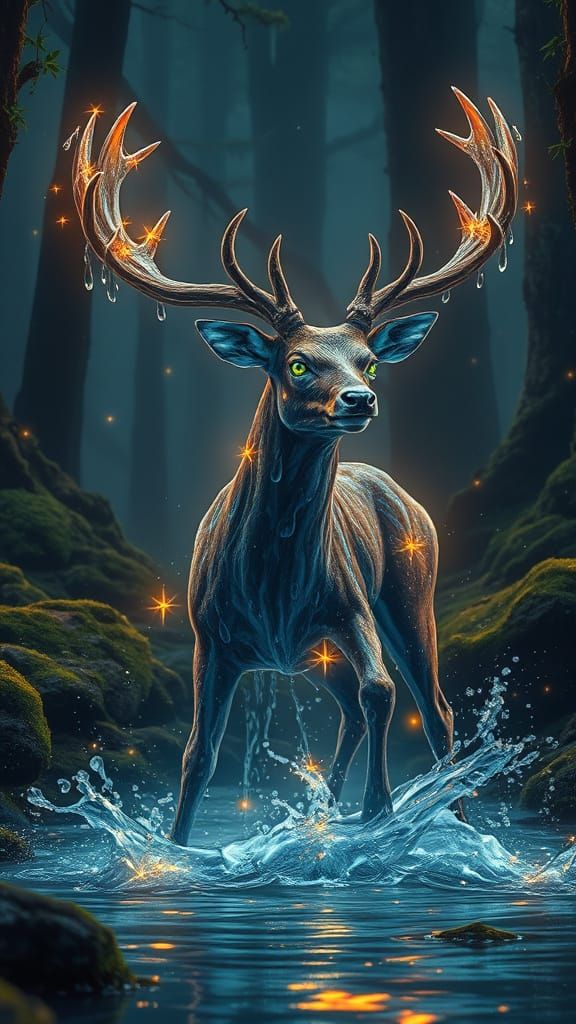Bioluminescent Water Deer in Celestialpunk Forest