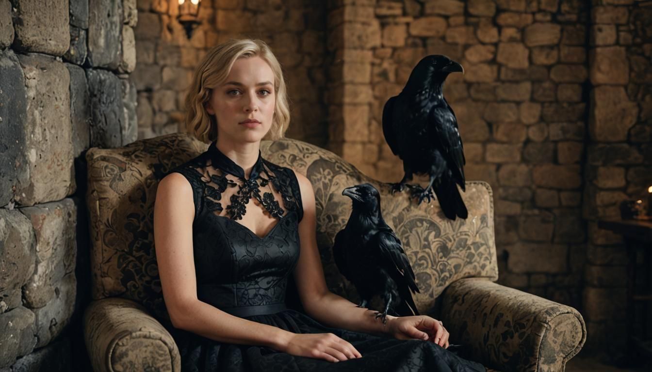 Woman in Gothic Castle with Ravens: Professional Photography