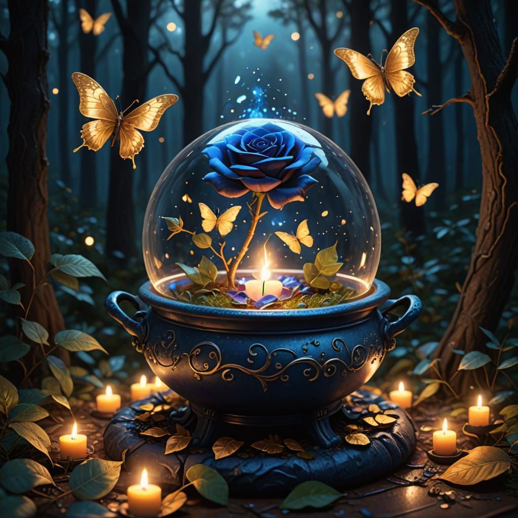 Magical Cauldron with Blue Rose and Golden Butterflies