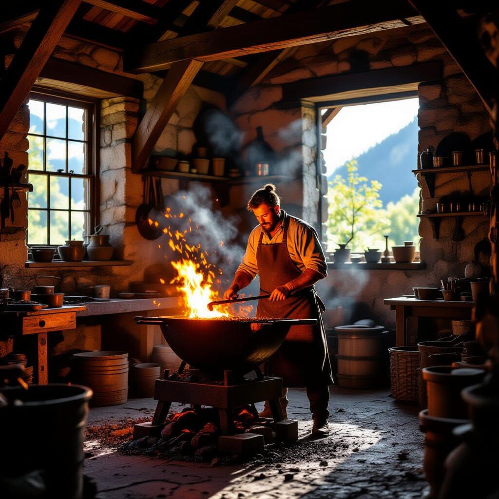Sun-Drenched Blacksmith's Forge in Photorealistic Style