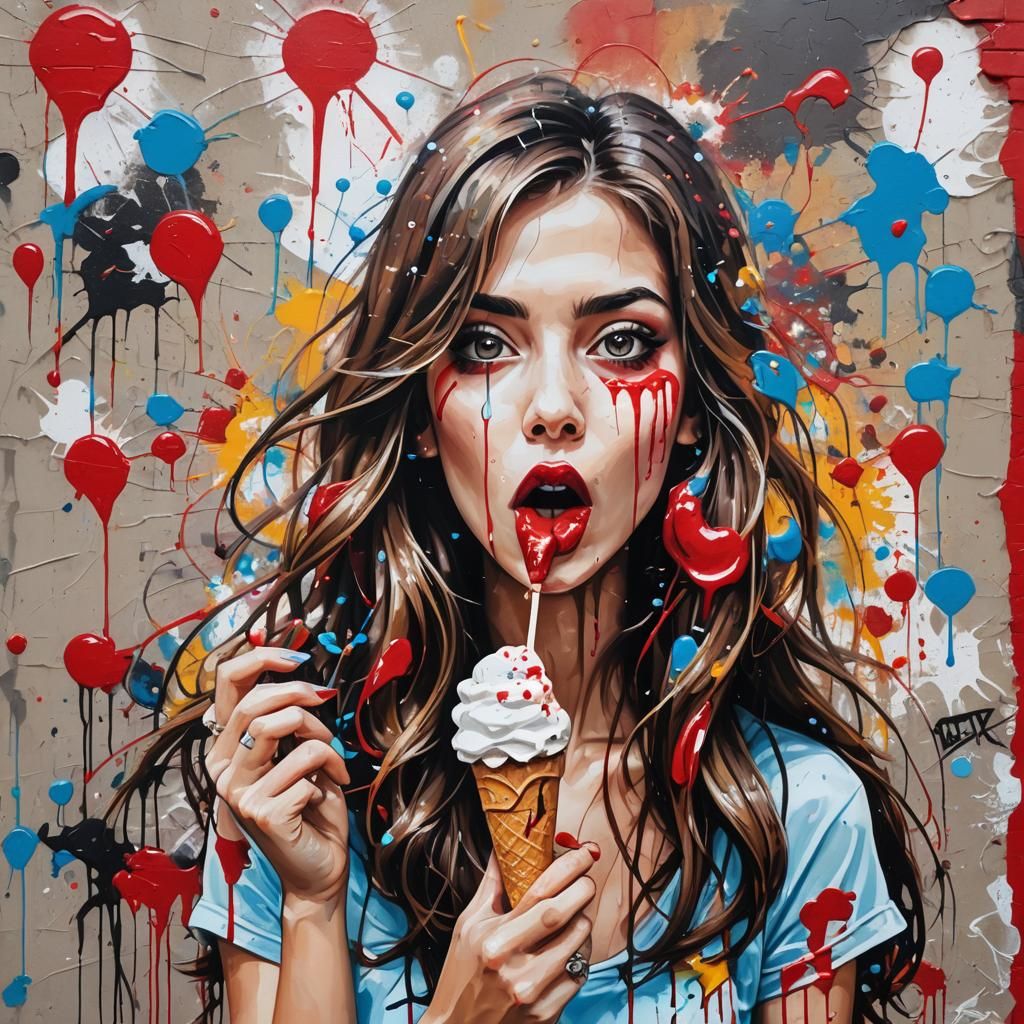 Woman with Ice Cream in Graffiti Splash Art Style