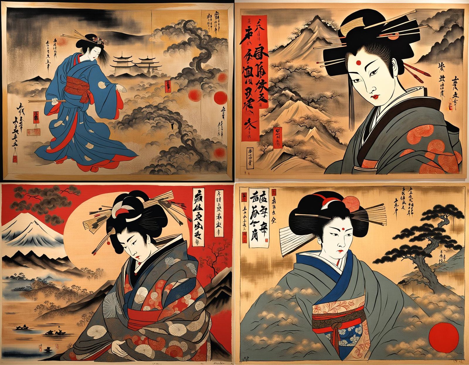 Horrific Geisha Woodblock Print in Surrealist Style