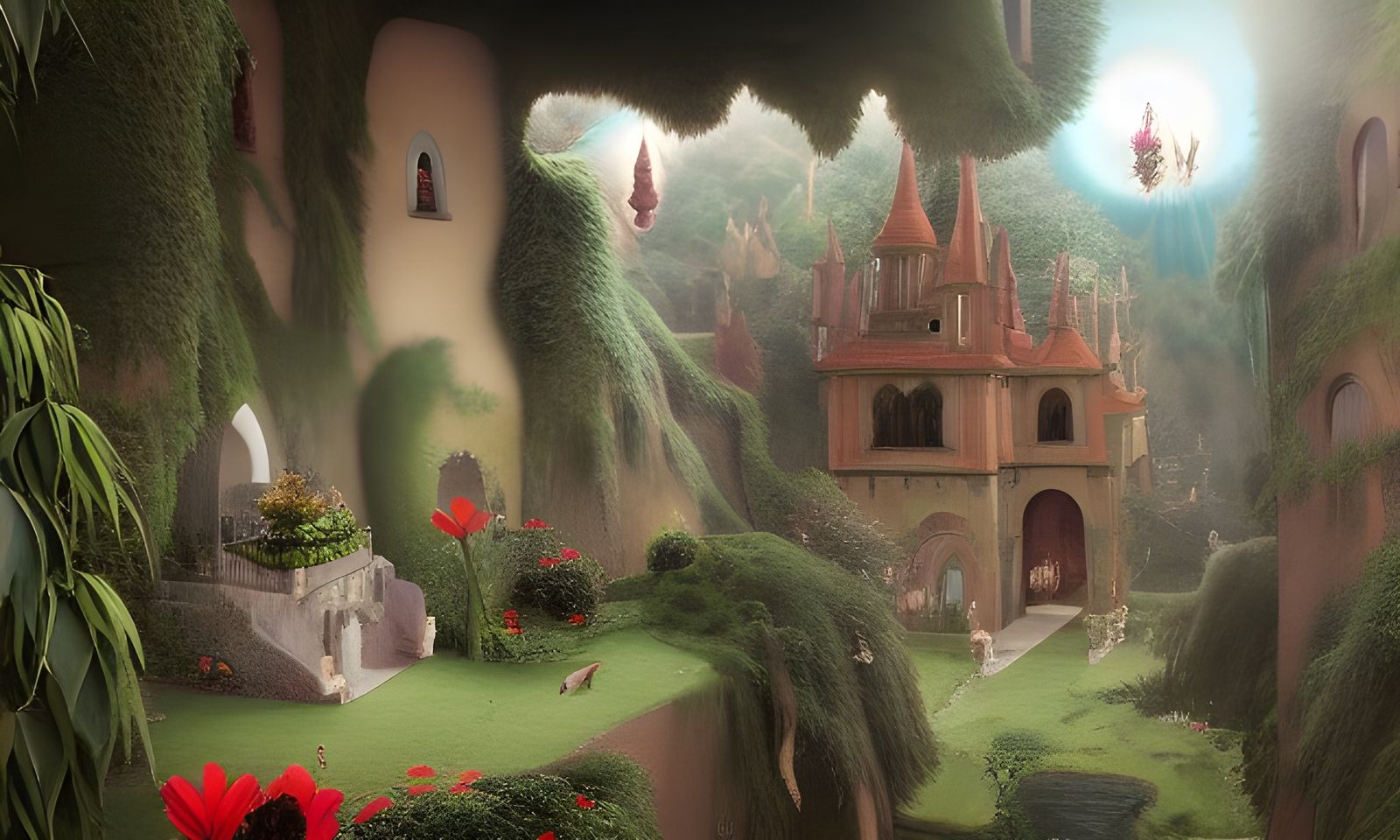 Overgrown Monastery with Exotic Plants, Digital Art