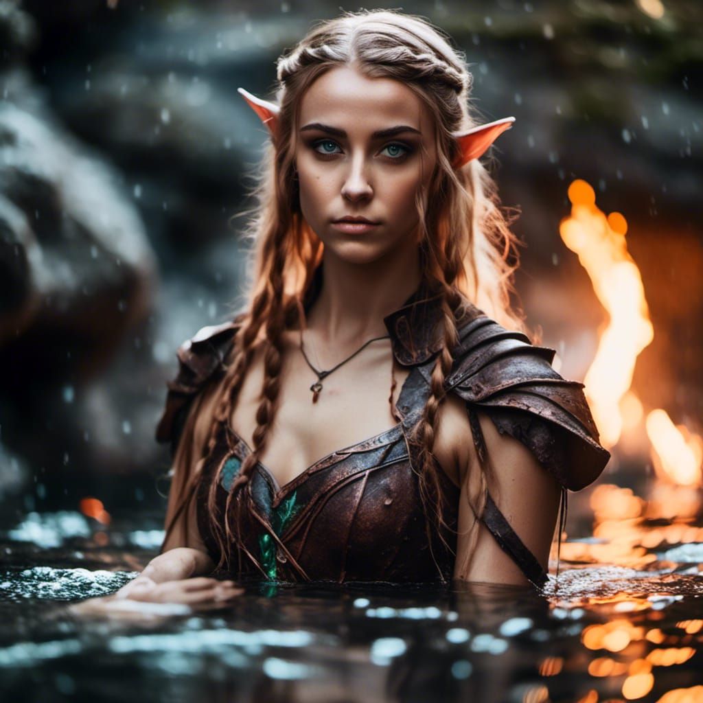 Elf Warrior Bathes in Gritty Hot Springs